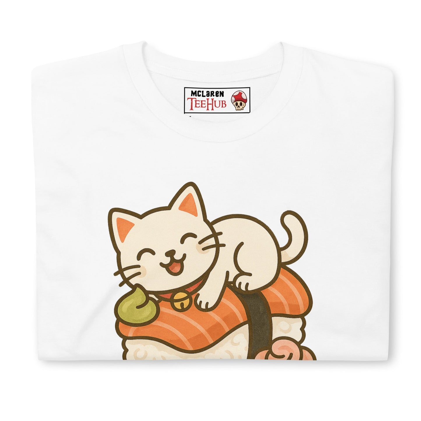 Sushi Cat T-Shirt – Kawaii Kitty on Salmon Nigiri – Cute Anime Cat Tee