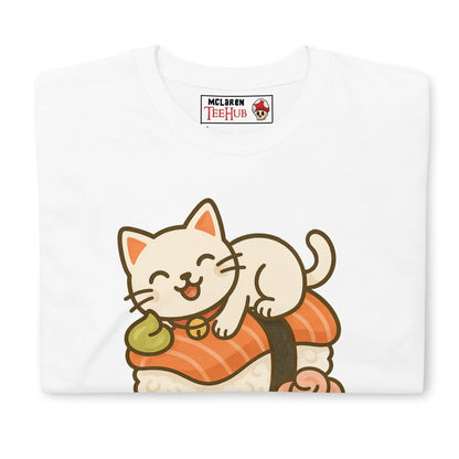 Sushi Cat T-Shirt – Kawaii Kitty on Salmon Nigiri – Cute Anime Cat Tee