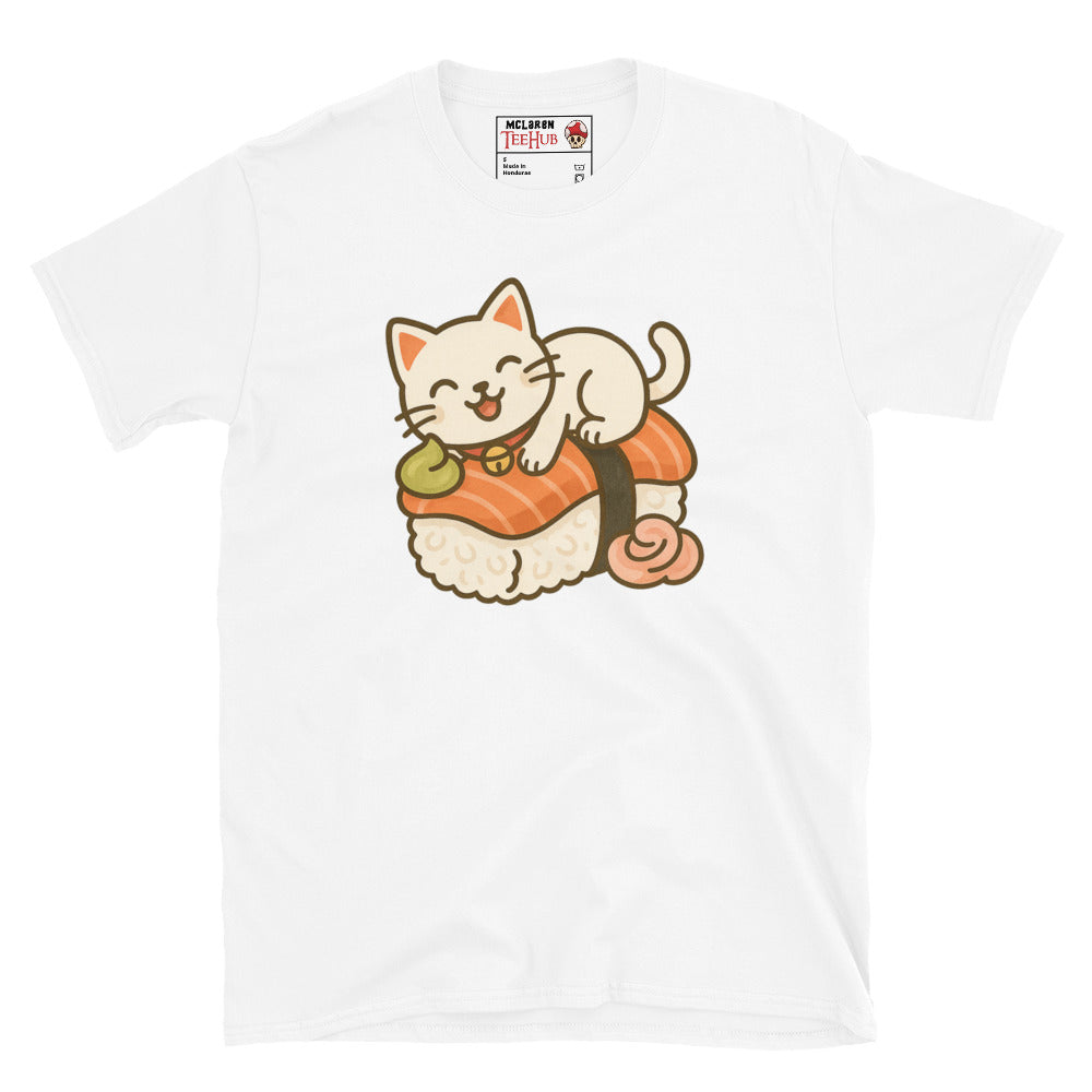 Sushi Cat T-Shirt – Kawaii Kitty on Salmon Nigiri – Cute Anime Cat Tee