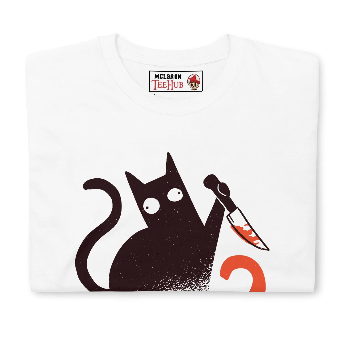 Funny Cat Knife T-Shirt – “What?” Meme Tee – Dark Humor Cat Lover Shirt