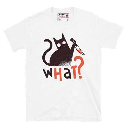 Funny Cat Knife T-Shirt – “What?” Meme Tee – Dark Humor Cat Lover Shirt