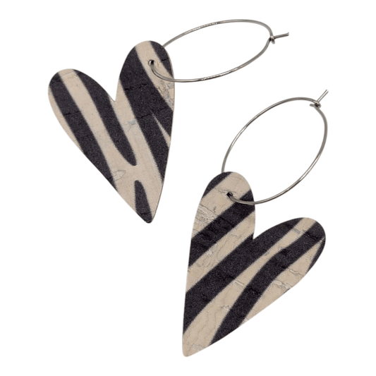 Zebra print cork heart hoop earrings