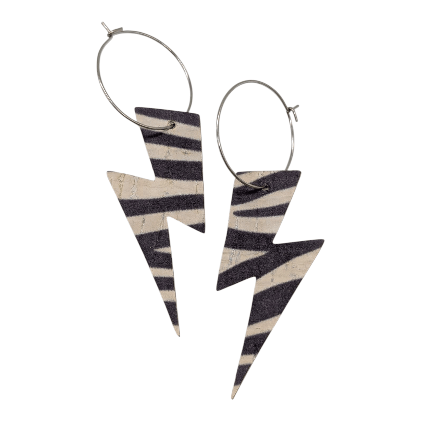 Zebra print cork lightning bolt hoop earrings