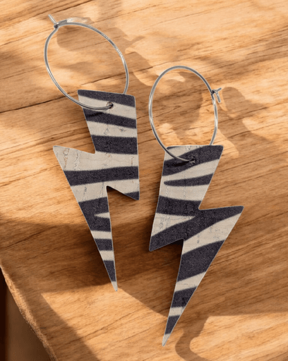 Zebra print cork lightning bolt hoop earrings