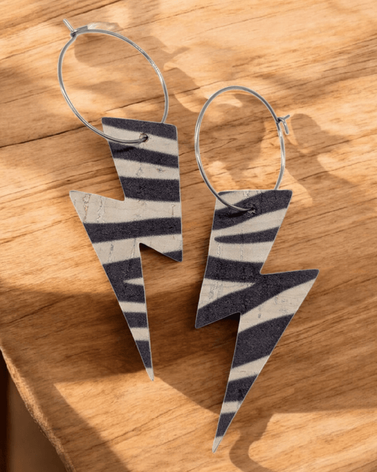 Zebra print cork lightning bolt hoop earrings