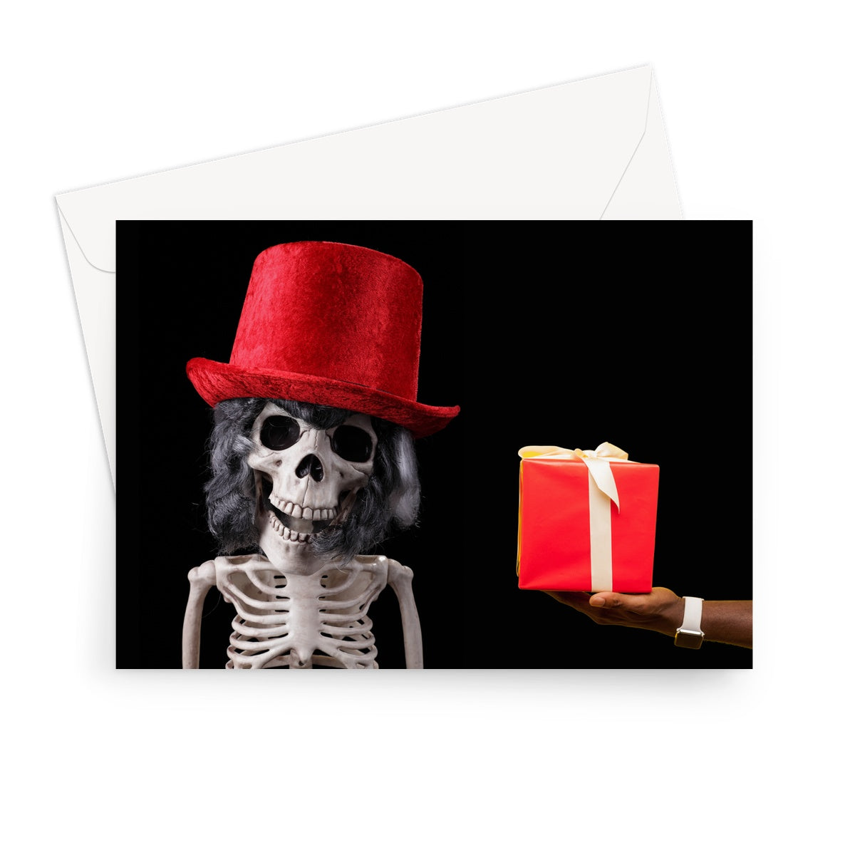 Birthday Card: Skeleton with present