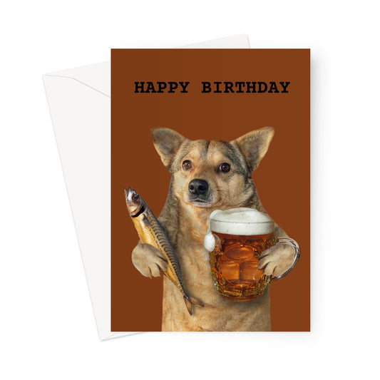 Birthday Card: Corgi with beer and fish