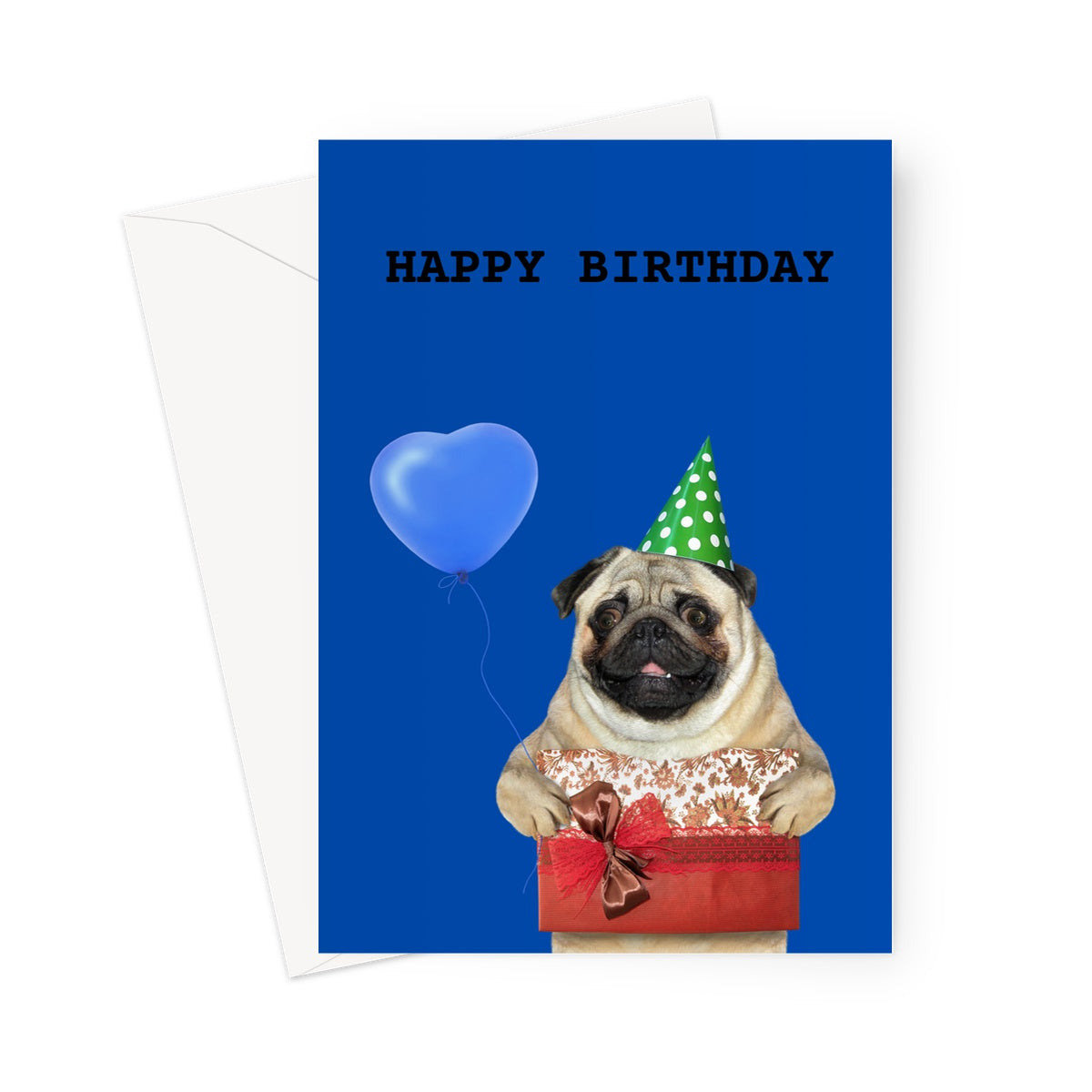 Birthday Card: Pug with balloon and present